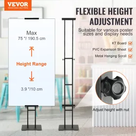 Poster Stand, Adjustable Height Up to 75", Double-Sided Heavy Duty Pedestal Sign Holder, Floor Standing Sign Holder Banner