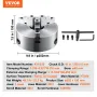3-Jaw Lathe Chuck, 10'', Self-Centering Lathe Chuck, 0.24-9.84 in/6-250 mm Clamping Range with T-key Fixing Screws Hexagon Wrenc