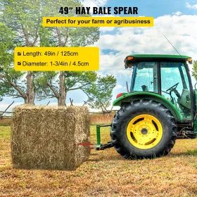 Pair Hay Spear 49" Bale Spear 3000 lbs Capacity, Bale Spike Quick Attach Square Hay Bale Spears 1 3/4", Red Coated Bale Forks, B