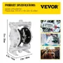 Air-Operated Double Diaphragm Pump, Inlet & Outlet, Polypropylene Body, 9.46 L/min, PTFE Diaphragm Pneumatic Transfer Pump for P