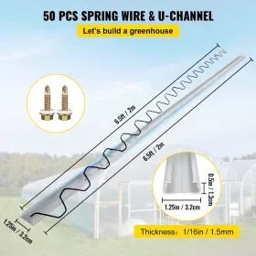 Spring Wire and Lock Channel, 6.56ft Spring Lock & U-Channel Bundle for Greenhouse, 50 Packs PE Coated Spring Wire & Aluminum