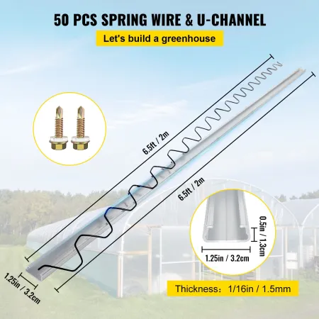 Spring Wire and Lock Channel, 6.56ft Spring Lock & U-Channel Bundle for Greenhouse, 50 Packs PE Coated Spring Wire & Aluminum Al