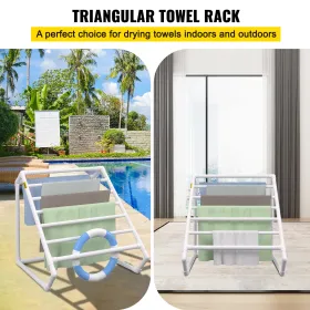 Pool Towel Rack, 8 Bar, White, Freestanding Outdoor PVC Triangular Poolside Storage Organizer, Include 8 Towel Clips, Mesh Bag,