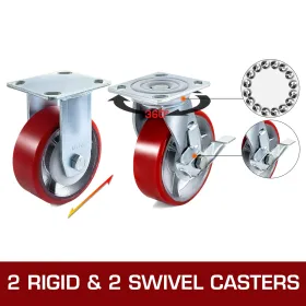 4 Pack 6 x 2 tommer Caster Wheels 2 Stive og 2 drejelige hjul med sidebremsepolyurethan Iron Core Plate 1000 kg kapacitet pr.