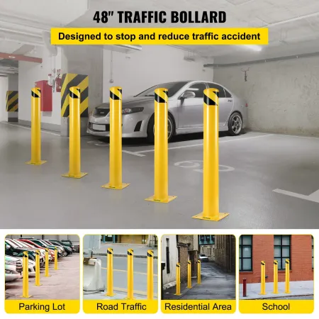 Safety Bollard 122 cm x 14 cm, Safety Barrier Bollard 14 cm OD 122 cm Height, Yellow Powder Coat Pipe Steel Safety Barrier, with