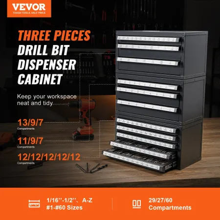 Drill Bit Dispenser Cabinet, 3 Pieces Three-Drawer for Letter Sizes A to Z, Five-Drawer Drill Bit Organizer for Wire Gauge Sizes