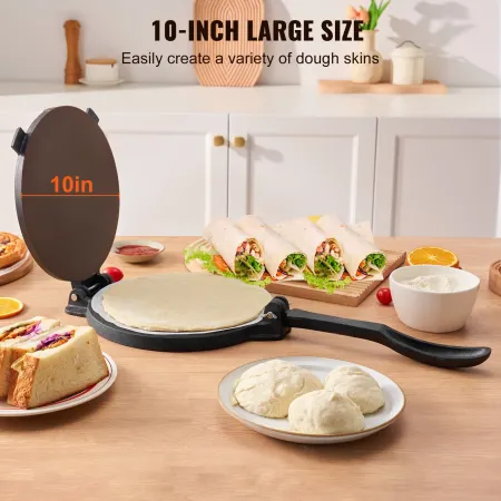 Tortilla Press, 10 Inch Tortilla and Roti Maker, Cast Iron Heavy Duty Tortilladora Press, Pre-Seasoned Pataconera Maker with 100