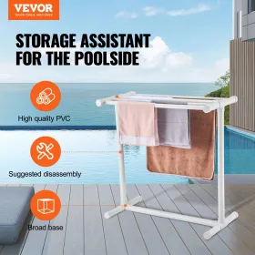 Poolhåndklædeholder, 5 bar, hvid, fritstående udendørs PVC T-form poolside opbevaringsarrangør, inkluderer 8 håndklædeklip,