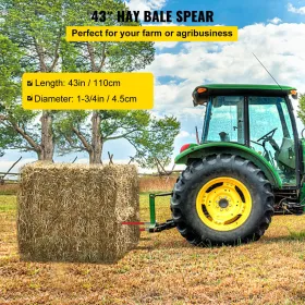 Pair Hay Spear 43" Bale Spear 3000 lbs Capacity, Bale Spike Quick Attach Square Hay Bale Spears 1 3/4", Red Coated Bale Forks, B