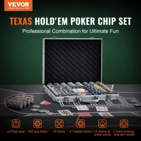 Poker Chip Set, 500-Piece Poker Set, Complete Poker Playing Game Set with Aluminum Carrying  Case, 11.5 Gram Casino Chips,