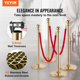 Stanchion Post with Velvet Rope, 6-Pack Crowd Control Stanchion with 4PCS 5FT Red Velvet Ropes, Stainless Steel Queue Barrier