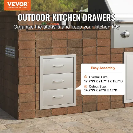 Outdoor Kitchen Drawers 16\" W x 21.5\"" H x 18\"" D, Flush Mount Triple Access BBQ Drawers with Stainless Steel Handle, BBQ Isl