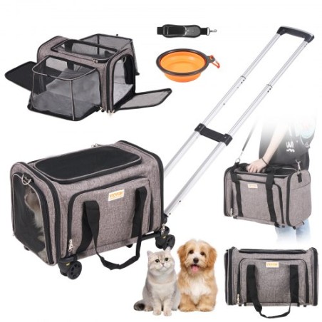 Cat Carrier with Wheels, Airline Approved Rolling Pet Carrier with Telescopic Handle and Shoulder Strap, Dog Carrier with