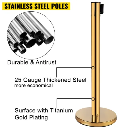 Stanchion Post Barriers 4-Set Line Dividers, Stainless Steel Stanchions with 6.6 Red Retractable Belts, Stanchions with One Sign