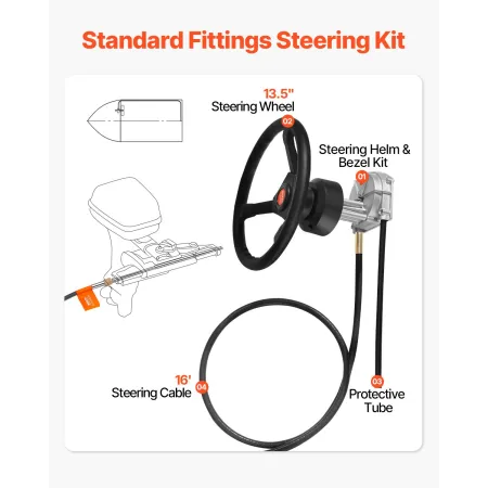 Outboard Steering System 16\' Outboard Steering Kit 16 Feet Boat Steering Cable with 13\" Wheel Durable Marine Steering System"