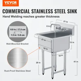 Stainless Steel Prep & Utility Sink, 1 Compartment Free Standing Small Sink Include Faucet & legs, 21"x41" Commercial Single