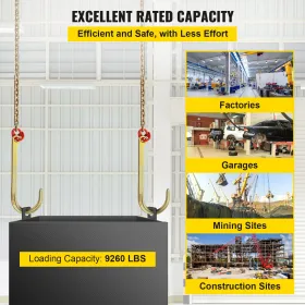 J Hook Chain, 5/16 in x 10 ft Bridle Tow Chain, G80 Bridle Transport Chain, Alloy Steel Chain with 2 G70 J Hooks, 9260 Lbs