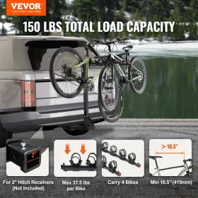 Hitch Mount Bike Rack, 4-Bike Carrier Rack, 150 lbs