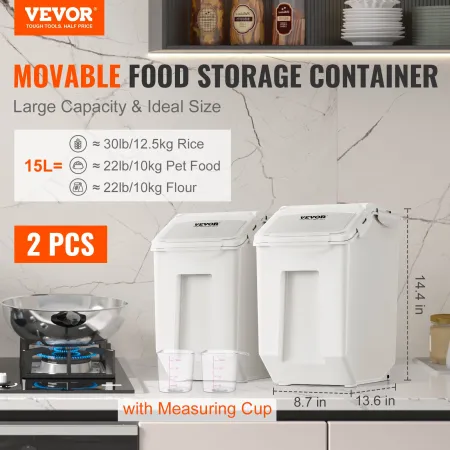Ingredient Storage Bin, 2 x 15L Dispenser Bin with 2 Measuring Cups, Attachable Casters and Airtight Lid, 2 Pcs/Set Dog Pet Food