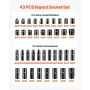 Impact Socket Set 1/2 inches 43 Piece Impact Sockets, Standard