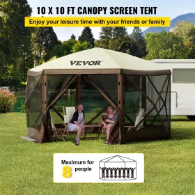 Gazebo Screen Tent, 10 x 10 ft, 6 Sided Pop-up Camping Canopy Shelter Tent with Mesh Windows, Portable Carry Bag, Ground