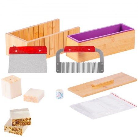 Soap Making Kit, Bamboo Cutting Box and Inner Box with Silicone Mold, Stainless Steel Straight Cutter and Wavy Cutter, 100 Bags