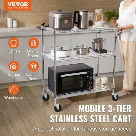 Kitchen Utility Cart, 3 Tiers, Wire Rolling Cart with 661LBS Capacity, Steel Service Cart on Wheels, Metal Storage Trolley with 
