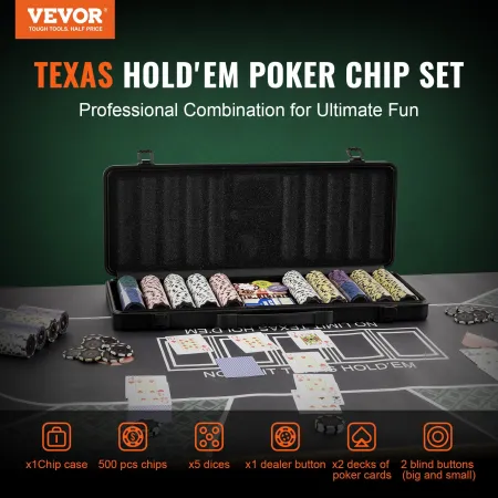 Pokerchipsæt, 500-delt pokersæt, komplet pokerspilsæt med