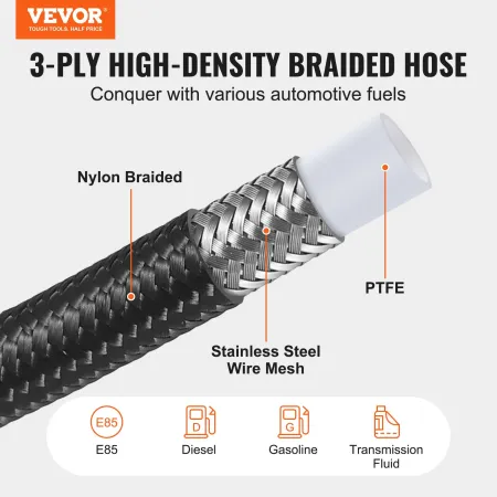 6AN Fuel Line Kit, 25 FT Fuel Hose Kit, 5/16" Nylon Stainless Steel Braided PTFE Fuel Line Kit, E85/Oil/Gas/Diesel Hose End Fitt