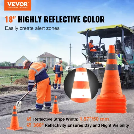 Safety Cones, 4 Pack 18 inch Collapsible Traffic Cones, Construction Cones with Reflective Collars, Wide Base and A Storage Bag,