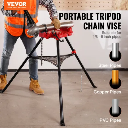 Chain Vise with Tripod Stand | 3.2 to 152 mm Pipe Capacity | 600 kg Loading Capacity | Portable Stand with Folding Legs and Tool