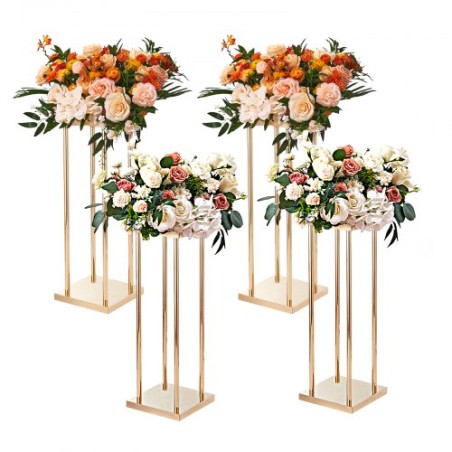 4PCS Gold Metal Column Wedding Flower Stand, 31.5inch/80cm High With Metal Laminate, Vase Geometric Centerpiece Stands,