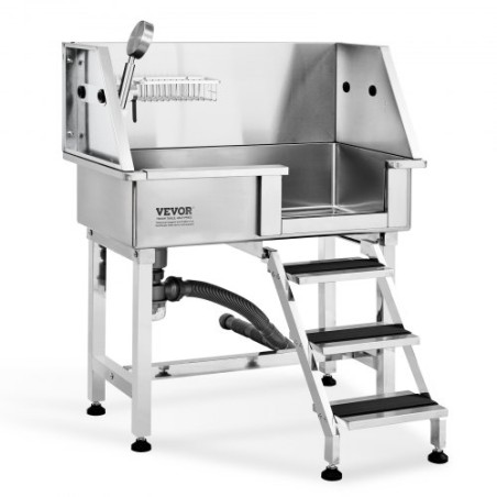 864MM Pet Dog Bathing Station w/Ramp, Professional Stainless Steel Dog Grooming Tub w/ Storage Drawer, Faucet,Rich Accessory,