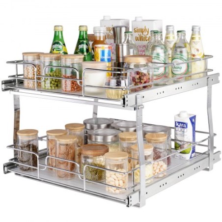 2 Tier 19"W x 20"D Pull Out Cabinet Organizer, Heavy Duty Slide Out Pantry Shelves, Chrome-Plated Steel Roll Out Drawers,