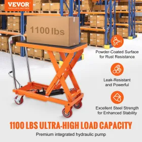 Hydraulic Lift Table Cart, 1100lbs Capacity 35.4" Lifting Height, Manual Single Scissor Lift Table with 4 Wheels and Non-slip