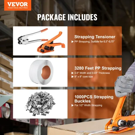 Banding Strapping Kit with Strapping Tensioner Tool, Banding Sealer Tool, 1000 m Length PP Band, 1000 Metal Seals, Pallet Packag
