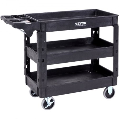 Utility Service Cart, 3 Shelf 550LBS Heavy Duty Plastic Rolling Utility Cart with 360Â° Swivel Wheels (2 with Brakes), Medium