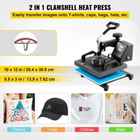 Heat Press Machine, 10x12inch / 25x30cm, 2IN1 Clamshell Sublimation Transfer Printer with Teflon Coated, Digital Precise Heat