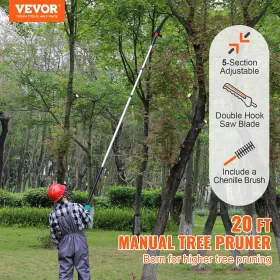 Manual Pole Saw, 4.9-20 ft Extendable Tree Pruner, Sharp Steel Blade for High Branches Trimming, with Lightweight Aluminum
