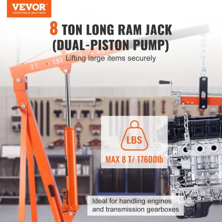 Hydraulic Long Ram Jack, 8 Ton Engine Hoist Cylinder with Double Piston Pump And Clevis Base, Hydraulic Ram Cylinder for Engine 