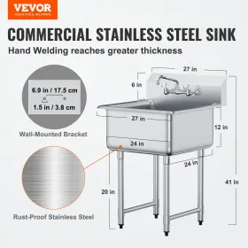 Stainless Steel Prep & Utility Sink, 1 Compartment Free Standing Small Sink Include Faucet & legs, 27"x41" Commercial Single