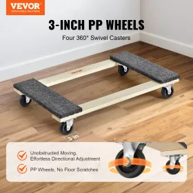 Furniture Dolly, 1000 lbs Load Capacity, 18" x 30", 4 x 3" PP Swivel Casters, Heavy Duty Hardwood Furniture Moving Dolly,
