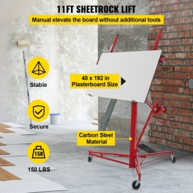 Drywall Rolling Lifter Panel, 11ft Sheetrock Lift Drywall Lift, 150lb Weight Capacity Panel Hoist Jack Tool, Steel Material