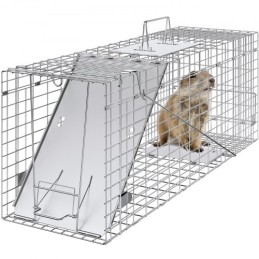 Live Animal Cage Trap, 31" x 10" x 12" Humane Cat Trap Galvanized Iron, Folding Animal Trap with Handle for Rabbits, Stray