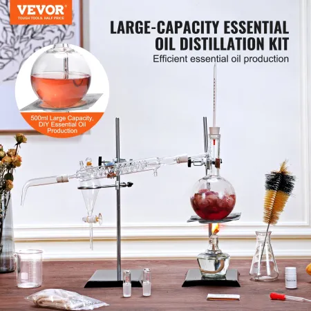 Essential Oil Distillation Kit, 500ml Distillation Apparatus, 3.3 Boro Lab Glassware Distillation Kit with Alcohol Lamp, Ceramic