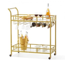Bar Cart Gold, 2 Tiers Home Bar Serving Cart on Lockable Wheels, Rolling Alcohol Cart with Tempered Glass Shelves Guardrail