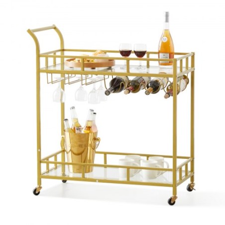 Bar Cart Gold, 2 Tiers Home Bar Serving Cart on Lockable Wheels, Rolling Alcohol Cart with Tempered Glass Shelves Guardrail