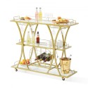 Bar Cart Gold, 3 Tiers Home Bar Serving Cart on Lockable Wheels, Rolling Alcohol Cart with Tempered Glass Shelves Guardrail