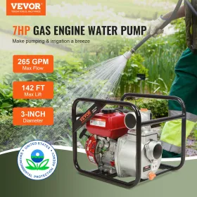 Gasoline Engine Water Pump, 3-inch, 7HP 265 GPM, 142ft Lift, 22ft Suction, 4-Stroke Gas Powered Trash Water Transfer Pump