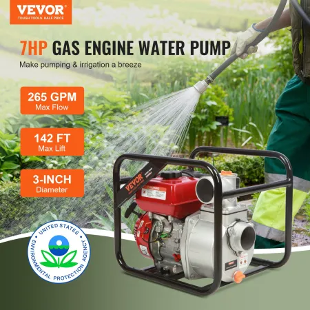 Gasoline Engine Water Pump, 7.6 cm Inlet/Outlet, 5.2 kW (7 HP), 1003.5 L/min, 43.3 m Lift, 6.7 m Suction, 4-Stroke Gas Powered T